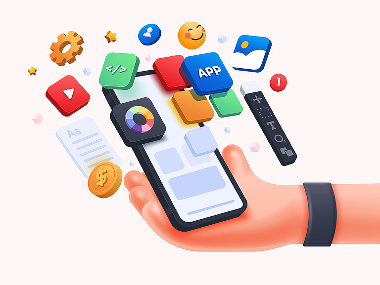 eine Grafik von einem Smartphone mit kleinen Icons, die unterschiedliche Apps zeigen.