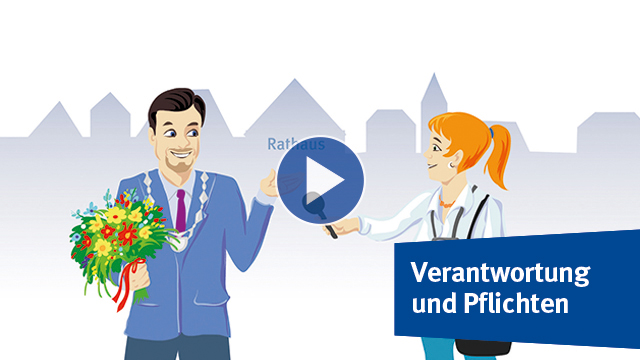 Eine Frau überreicht einem Mann einen Blumenstrauß. In einem Banner stehen die Worte "Rechte und Pflichten"